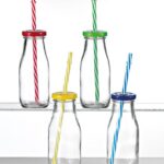 Γυάλινο μπουκαλάκι 250ML με καλαμάκι μεταλλικό καπάκι (σε 4 διαφορετικά χρώματα)