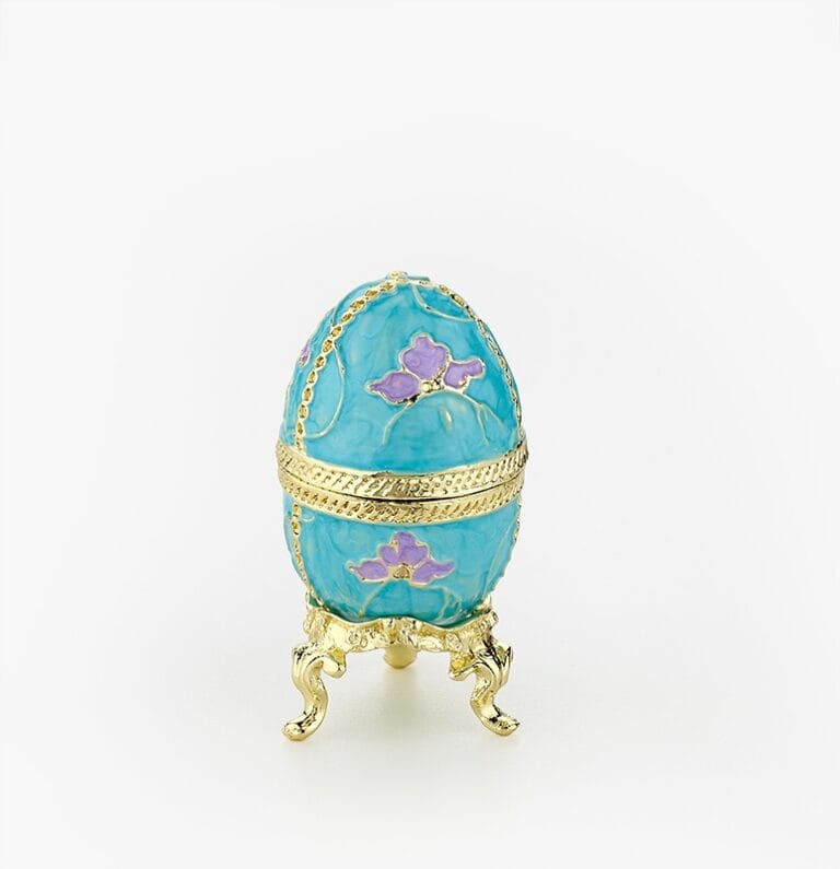 Cloisonne μπιζουτιέρα γαλάζιο αυγό τύπου Φαμπερζέ με μωβ λουλούδια
