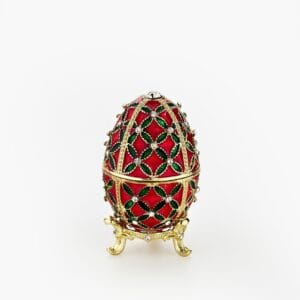 Cloisonne μπιζουτιέρα κόκκινο αυγό τύπου Φαμπερζέ με πράσινες λεπτομέρειες