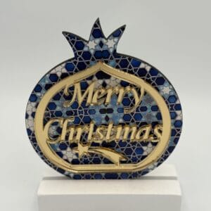 Επιτραπέζιο ξύλινο ρόδι με Plexiglass Merry Christmas μπλε αστεράκια