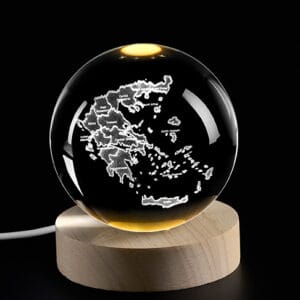 Κρυστάλλινη μπάλα φωτιστικό με ξύλινη βάση χάρτης της Ελλάδας