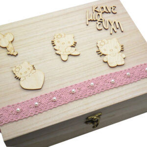 Ξύλινο Κουτί ευχών βάπτισης hello kitty σε φυσική απόχρωση