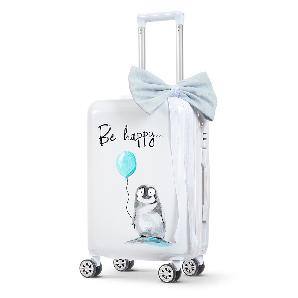 Trolley_βαπτιστικών_Πιγκουίνος Ζωγραφιστή βαλίτσα trolley με πιγκουινάκι και μπαλόνι