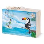 Ξύλινη βαλίτσα με toucan και τροπικά λουλούδια