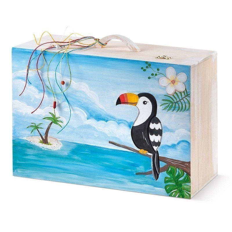 Κουτί_Βάπτισης_Toucan Ξύλινη βαλίτσα με toucan και τροπικά λουλούδια