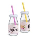 Γυάλινο μπουκάλι γάλακτος με ροζ τύπωμα little queen