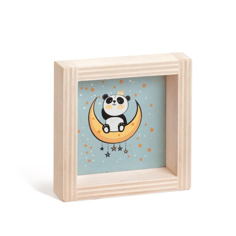 Ξύλινο καδράκι με panda πάνω στο φεγγάρι