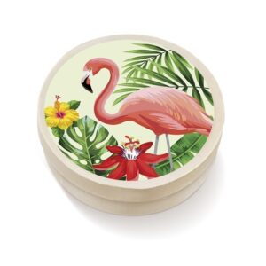 Ξύλινο στρογγυλό κουτάκι με θέμα το flamingo