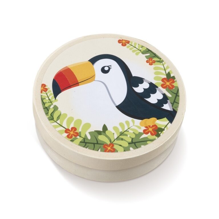 Ξύλινο στρογγυλό κουτάκι με θέμα το toucan