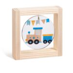 Ξύλινο καδράκι με plexiglass, θέμα τρενάκι σε σιέλ αποχρώσεις