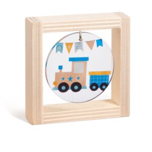 Ξύλινο καδράκι με plexiglass, θέμα τρενάκι σε σιέλ αποχρώσεις