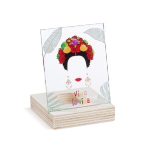 Ξύλινο ρεσώ με παράσταση Frida Kahlo και μήνυμα Viva la vida