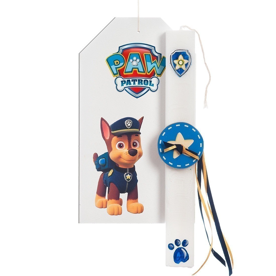 Πασχαλινή_Λαμπάδα_Paw_Patrol Ξύλινη ετικέτα με τον Chase από τους Paw Patrol