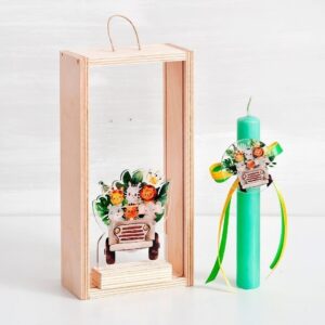Ξύλινο κουτί με θέμα safari σε plexiglass και λαμπάδα