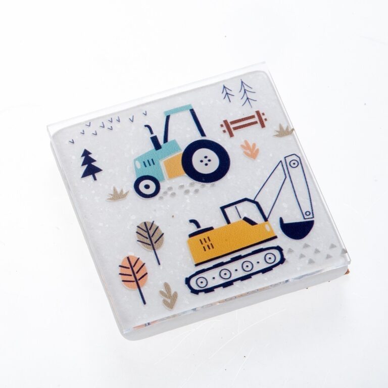 Σουβέρ από λευκό μάρμαρο με print plexiglass και σχέδιο εκσκαφέα με τρακτέρ