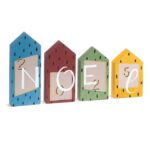 Ξύλινα σπιτάκια σύνθεση με τη λέξη Noel