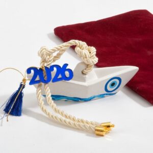 Γύψινο γούρι καράβι με εκρού κορδόνι και βελούδινο πουγκί