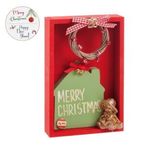 Ξύλινο κόκκινο καδράκι με σπιτάκι Merry Christmas